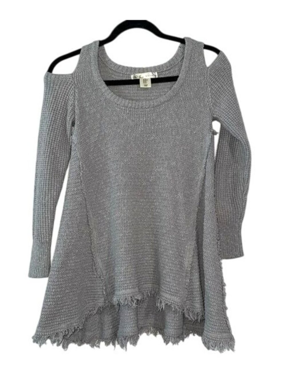 Kaisely Gray Cold-Shoulder Knit Sweater Tunic XS With Frayed Hem